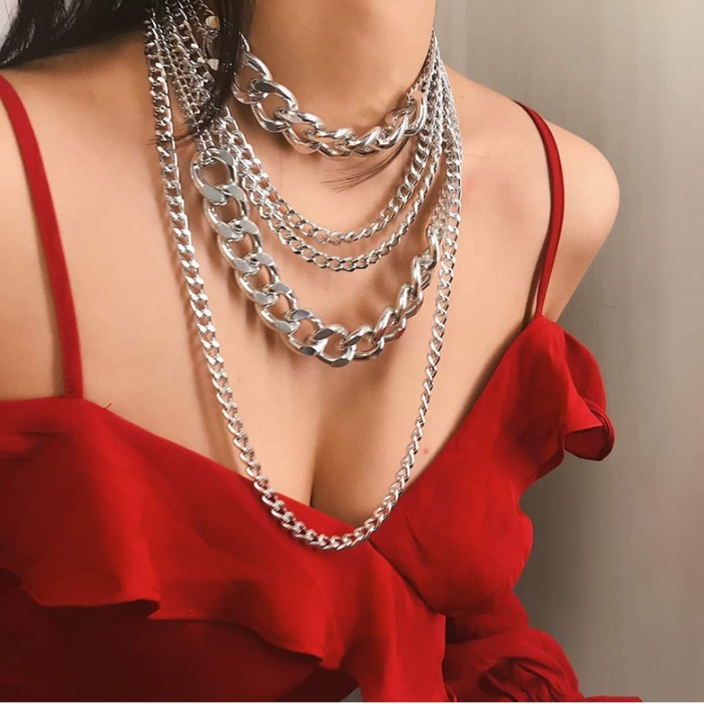 Multilayer Punk Hip Hop Necklace Silver Chains Necklace